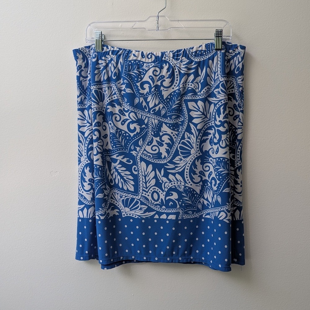 Susan Graver Liquid Knit Skort Blue Paisley Polka Dot Borde Sz L Coastal Preppy